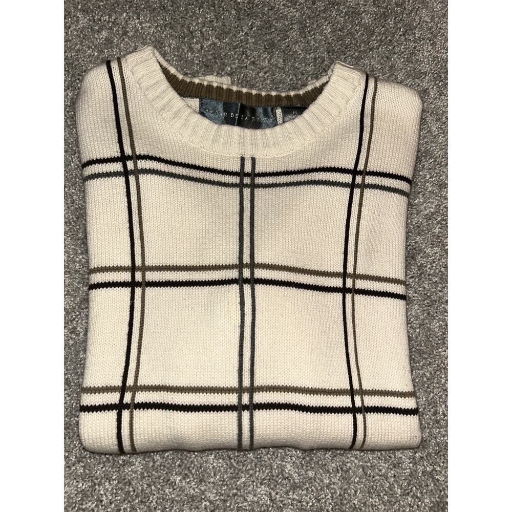 Vtg Oscar De La Renta Mens Sweater‎ M Cream Grid Pattern Crewneck Retro Designer